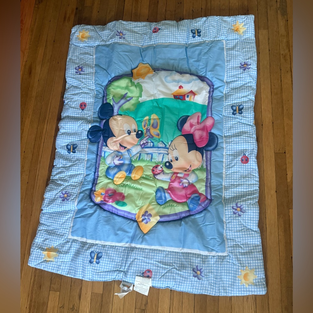 RARE VINTAGE Disney Baby Blue Crib Set Quilt Double Sided Mickey Minnie